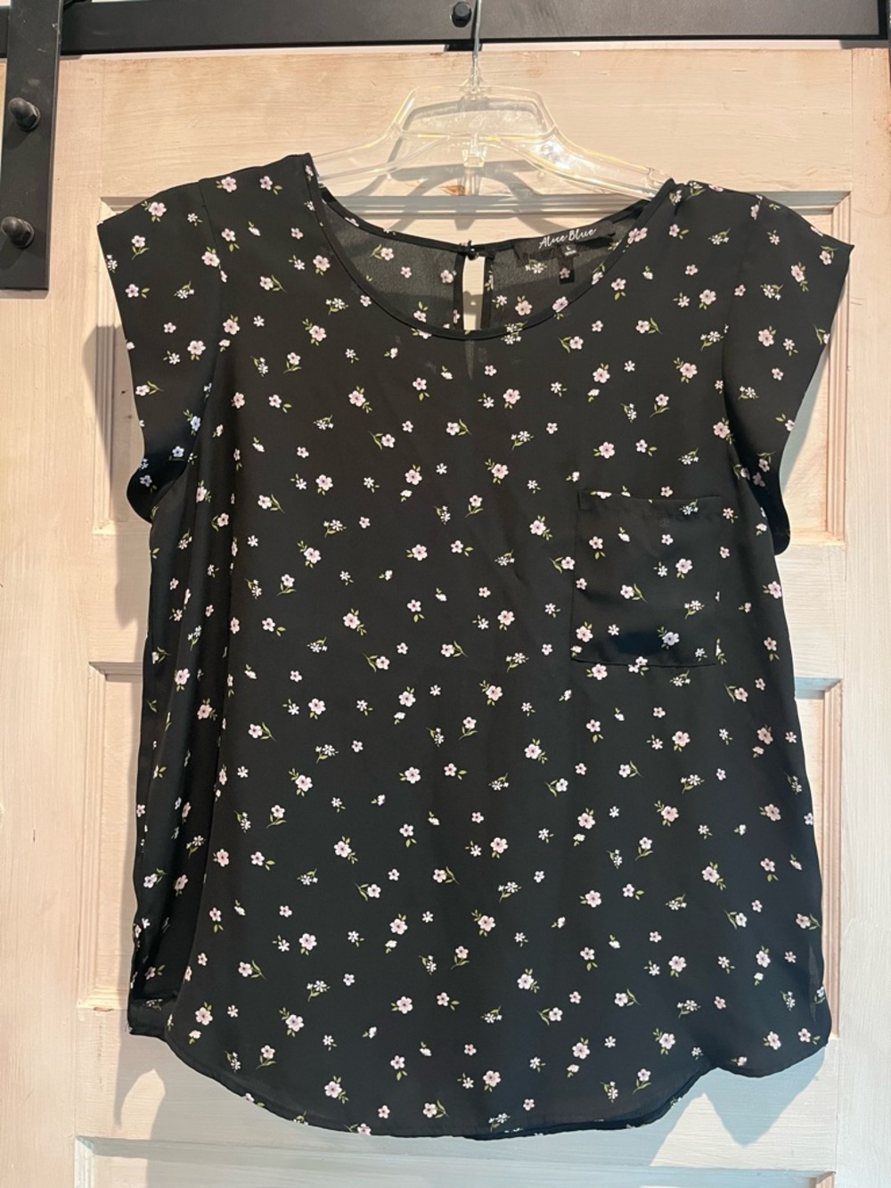 Alice Blue-Black Floral Cap-Sleeve Pocket Blouse